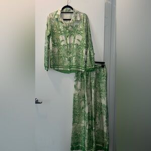 Silk green and white print matching set